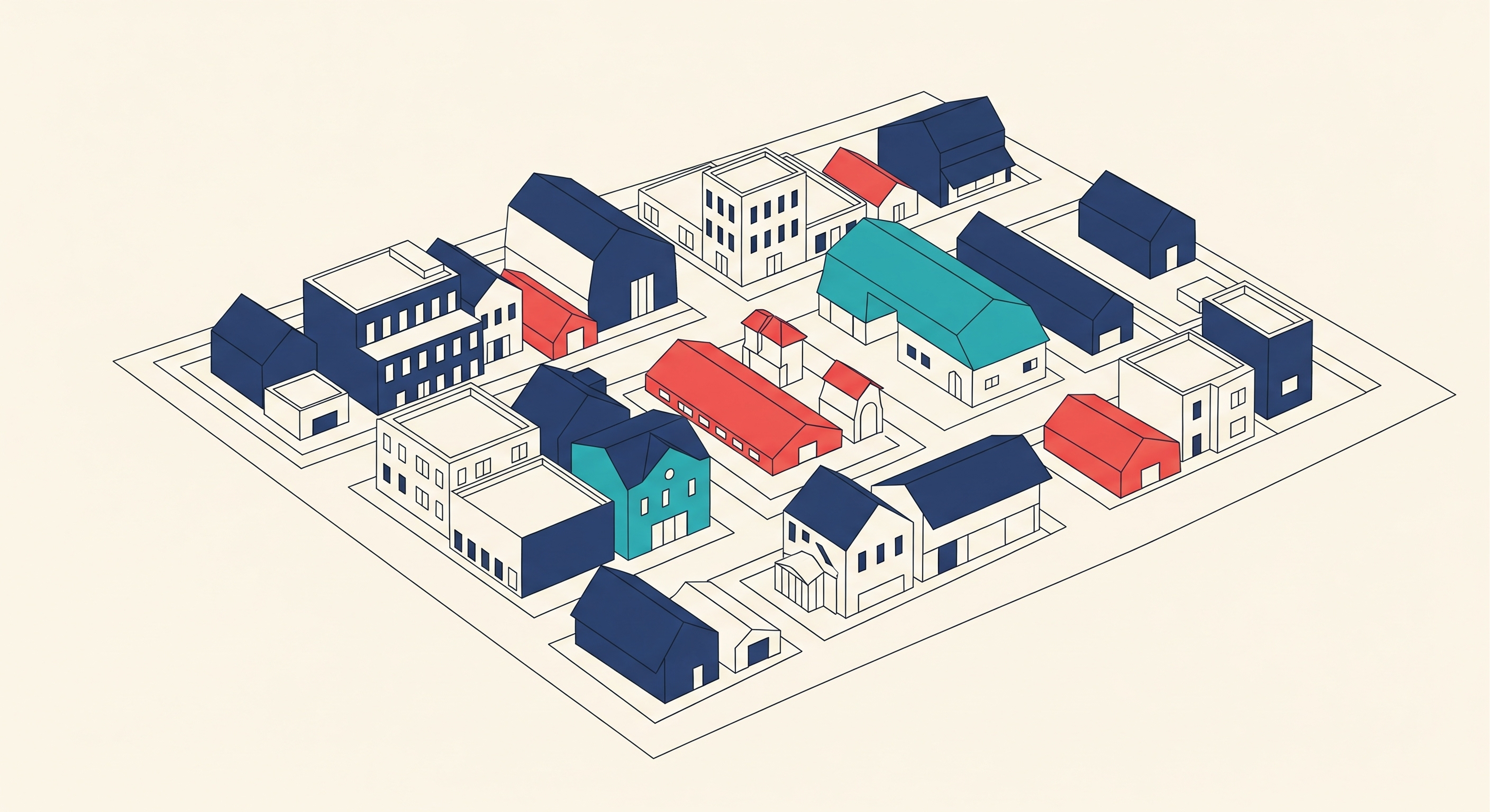 Community, buildings with on-brand colors.